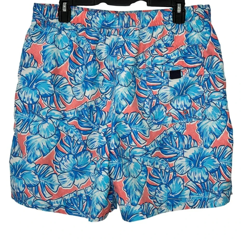 Vineyard Vines‎ Mens Tropical Hibiscus Swim Trunks Blue Coral Pink Medium